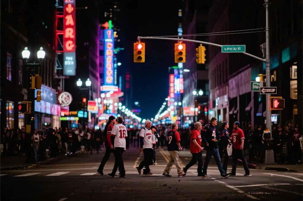 球迷在美国城市间旅行与观赛的夜景场景